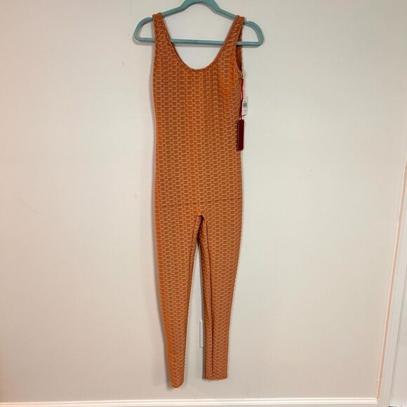 Pants - Roma Concept Jumpsuit Womens Large Nude Geometric Textured Scoop Neck Yoga NWT